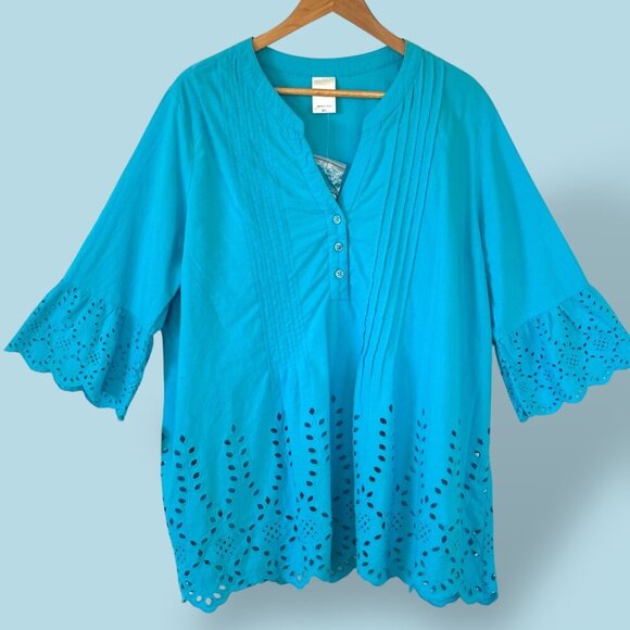 NEW BLAIR Womens‎ Tunic Top Aqua Eyelet Lace Bell Sleeves Boho Hippie Size 2XL - Picture 1 of 8